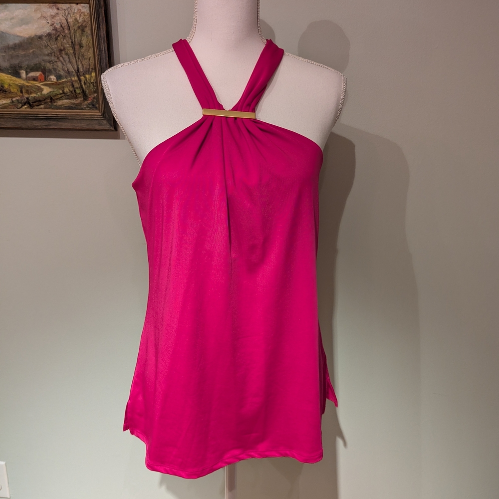 Trina Turk Women's Medium Top Pink High Neck Sleeveless Tie Back Built-in-Bra